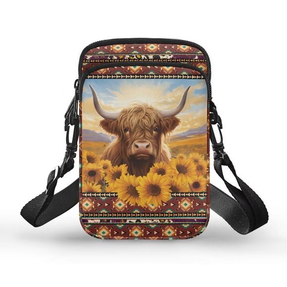 Boho Sunflower Cow Cell Phone Purse Wallet Canvas Small Crossbody Purse Bags c: - Picture 1 of 7
